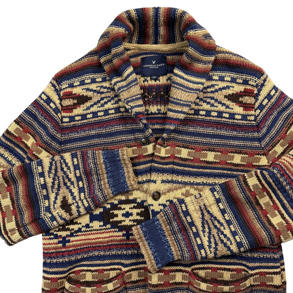 American Eagle Mens Large Southwestern Shawl Collar Button Cardigan Sweater Blue - Picture 4 of 13